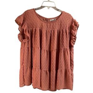 DOROSE Top Size M Swiss Dot Cap Sleeve Keyhole Sheer Tiered Fairy Blouse Pink